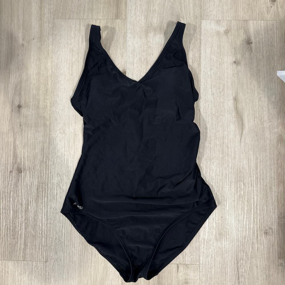 Speedo Women's Black One Piece Swimsuit V Neck Ruched Sides Athletic Size 8